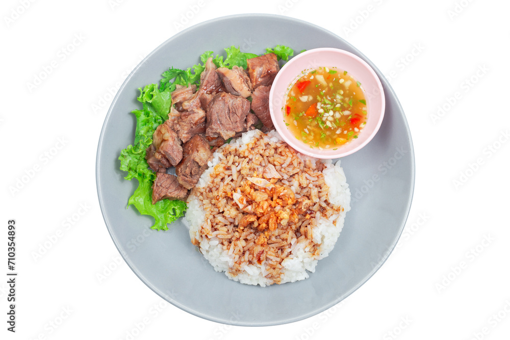 Stewed beef with rice on plate Stewed beef with rice on plate