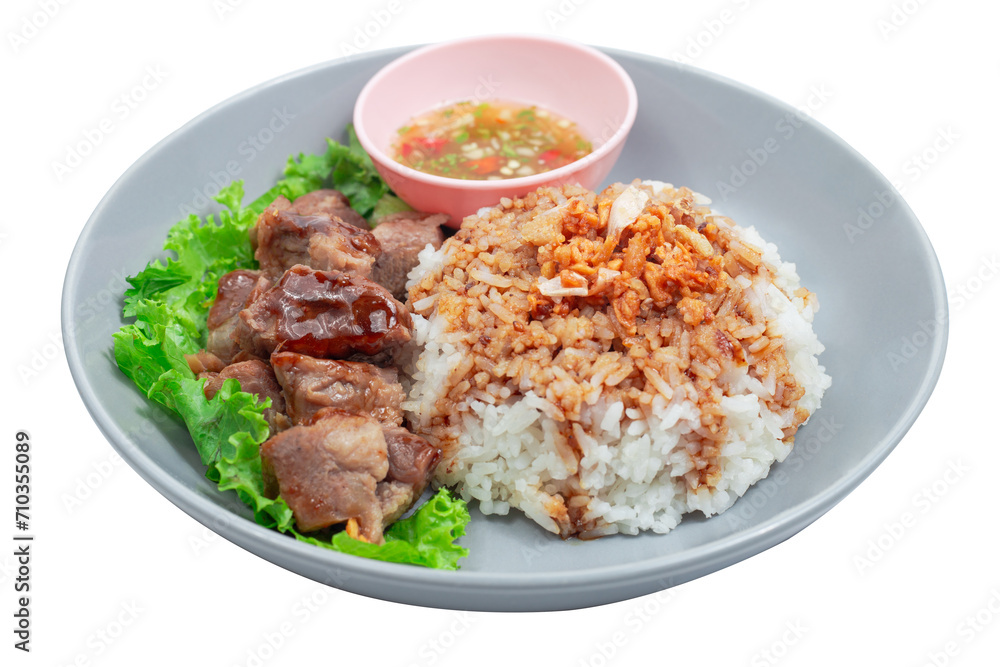 Stewed beef with rice on plate