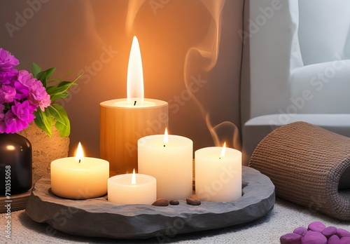 Cozy corner for home meditation and relaxation. Aroma diffuser, burning candles, stones for comfort, pleasure, aromatherapy. Decor for apartment, house, indoors design 