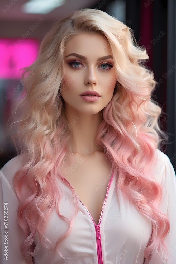 A blonde girl wears a pink dress and looks elegant. attractive beauty model poses for a photo in a studio with only half of her face visible, pink hair A blonde girl wears a pink dress and looks elegant. attractive beauty model poses for a photo in a studio with only half of her face visible, pink hair