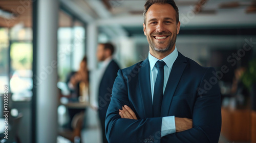 Portrait of a handsome smiling businessman boss standing in his modern business company office.