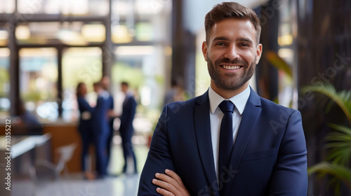 Portrait of a handsome smiling businessman boss standing in his modern business company office.