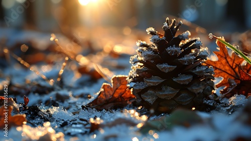Frosty Pinecone in Golden Morning Light with Copy Space Available #710355629