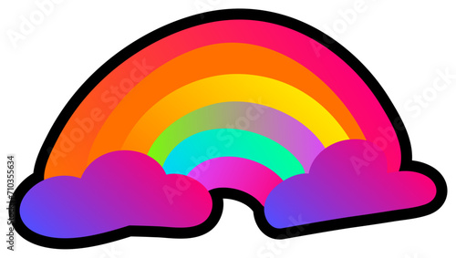 Declarative fluorescent hand drawn colorful bright spring rainbow with neon gradient light on dark black backdrop. Party icon for design of card or invitation. Doodle hand drawn illuminated vector