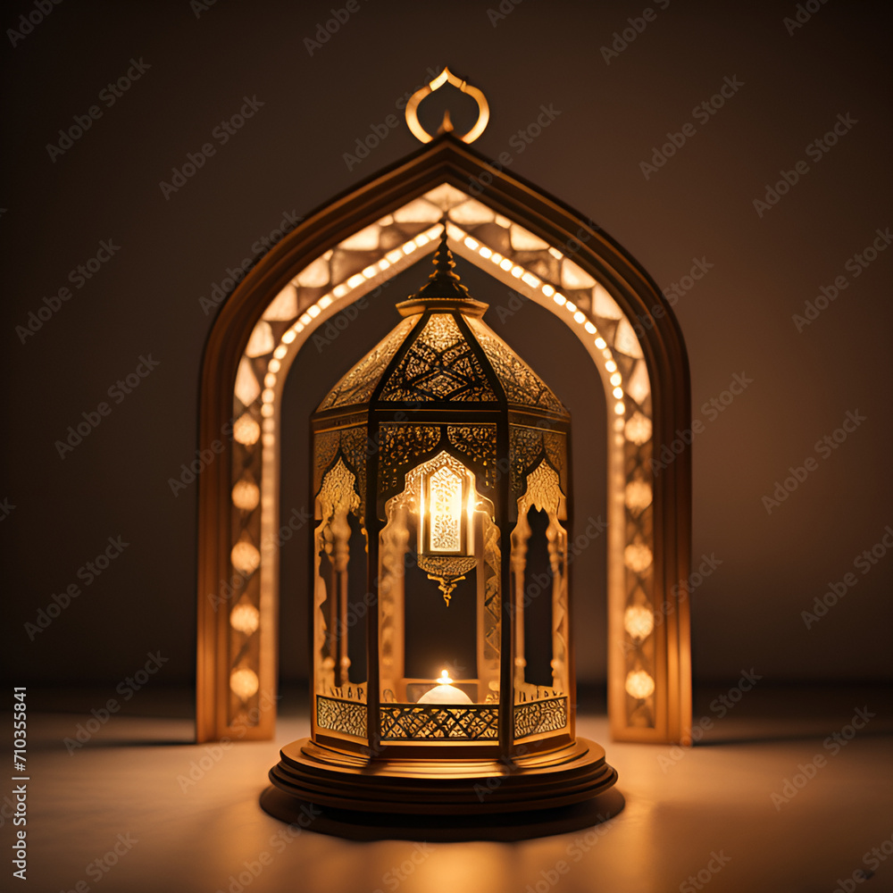 Ornamental Arabic lantern with burning candle glowing Ramadan Kareem, Eid Mubarak and Ramadan Kareem greetings with Islamic lantern and mosque. Eid al fitr background.