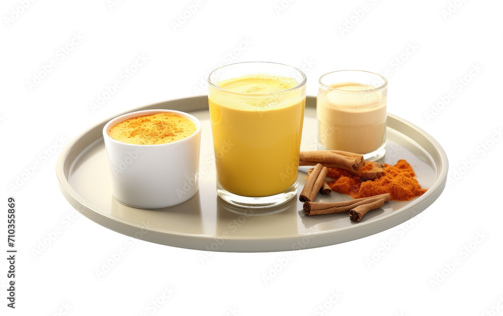 Turmeric Latte Mix Sampler A Symphony of Healthy Sips on white tray On White or PNG Transparent Background. Turmeric Latte Mix Sampler A Symphony of Healthy Sips on white tray On White or PNG Transparent Background.