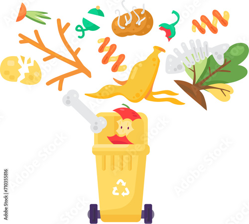 Old unwanted Food Leftovers fall into open trash can. Heap of old vegetables, fruits and compost. Organic pollution problem. Cartoon isolated vector isolated on white background