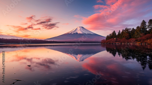 湖越しに見える日本の富士山の夜明けで空がピンクに染まっていえる写真、水面に映る富士山 © dont
