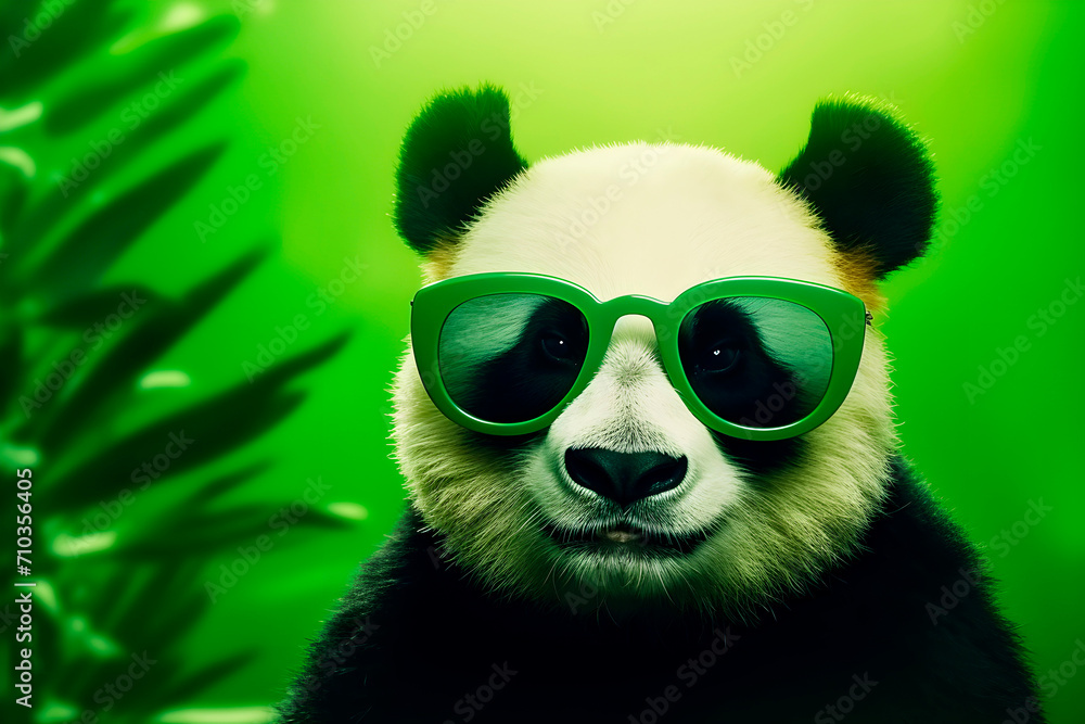 Portrait of a panda in sunglasses on a green background. Summer concept. AI generated