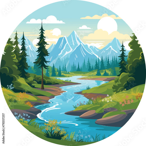 illustration of natural scenery, mountains, forests and rivers