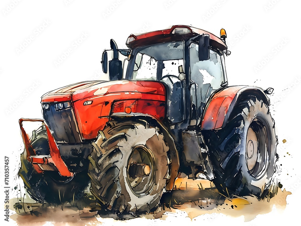 Obraz premium a red tractor isolated on white background, watercolor illustration