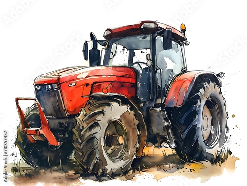 a red tractor isolated on white background, watercolor illustration photo