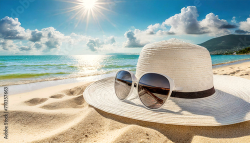 Closeup of a white straw hat and sunglasses on a sandy tropical beach, in the background the sea on a sunny summer day. Beach holiday concept. Generative Ai.