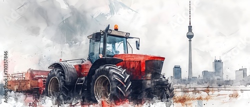 Farmer with Tractor in front of the Berlin skyline, Watercolor illustration, farmers protest and demonstration photo