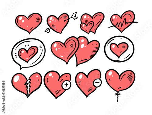 Different Valentines Heart set. Hand draw doodle style. Black and red colors vector illustration.