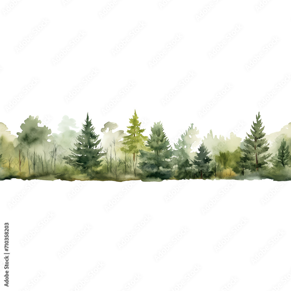 Watercolor forest horizontal seamless border. hand painted illustration. transparent background