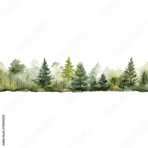 Watercolor forest horizontal seamless border. hand painted illustration. transparent background