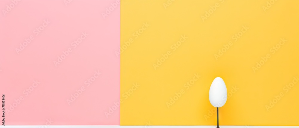A lone white egg stands on a split pastel pink and yellow background