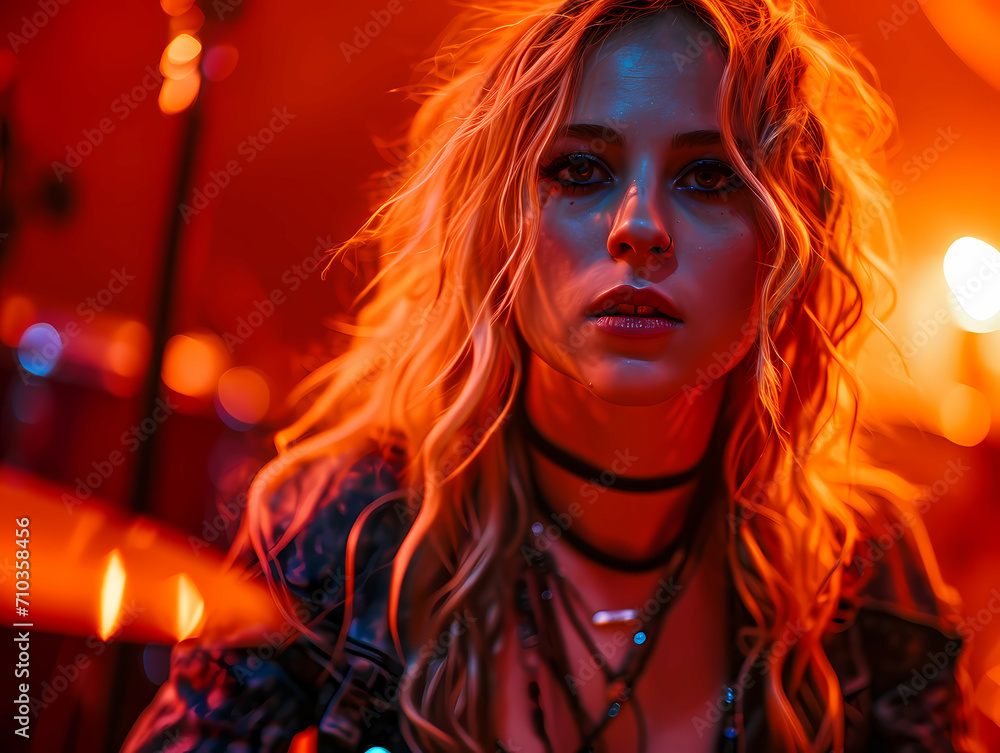 A Beutiful Female Drummer, A Woman With Long Blonde Hair And A Red Light