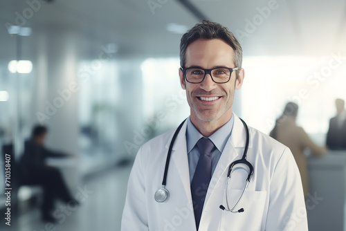 A happy doctor and light blurry hospital corridor in background, 