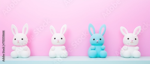 Four bunny figurines in white and blue on a pastel pink background with a soft shadow