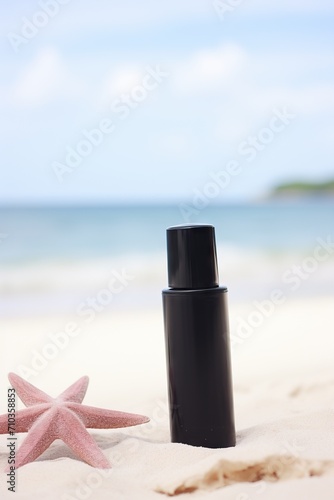 Black sunscreen bottle with starfish on a sandy beach, tropical holiday concept