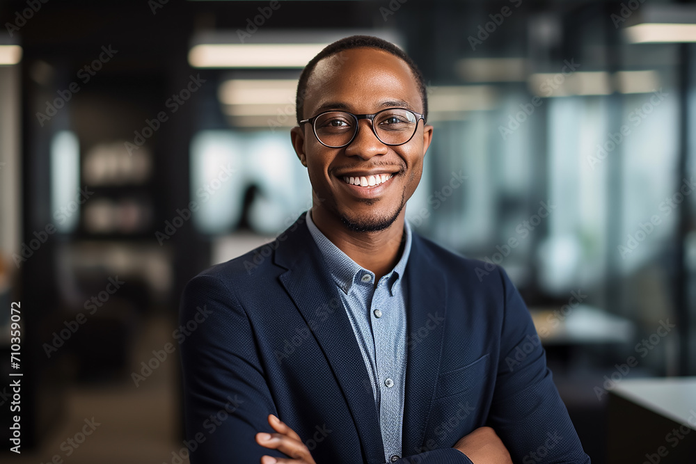 A happy professional black man, light blurry background 