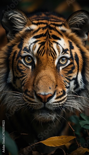 Majestic wild tiger captured in a close up headshot showcasing its powerful presence in its natural habitat, majestic big cats picture