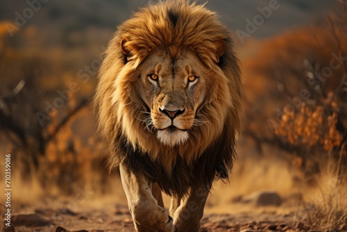 Majestic lion strolling through a field of tall grass its powerful mane flowing in the wind  majestic big cats picture