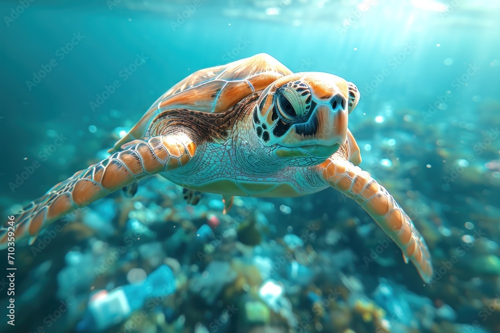 Fototapeta premium Turtle navigating through an ocean of plastic waste in blue water, underwater marine life photo