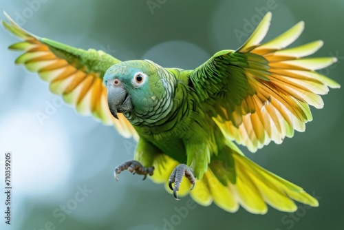 Green parrot displaying spread wings, colorful tropical birds image