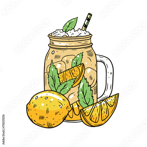 Colorful Lemonade or Lemon cocktail in jar. Hand draw sketch vector illustration.