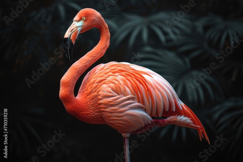 Elegant pink flamingo standing gracefully on a black background, colorful tropical birds picture © Stocks Buddy