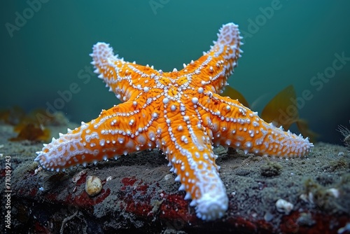 Orange and white starfish resting on underwater jetty, underwater marine life image