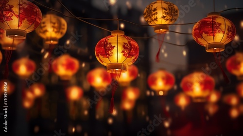 Colorful Chinese lanterns glowing at night with a bokeh background, suitable for festivals and cultural themes.