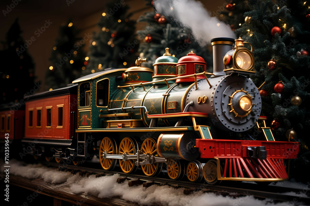 A Photo Of A Christmas Train Riding, A Toy Train On A Shelf