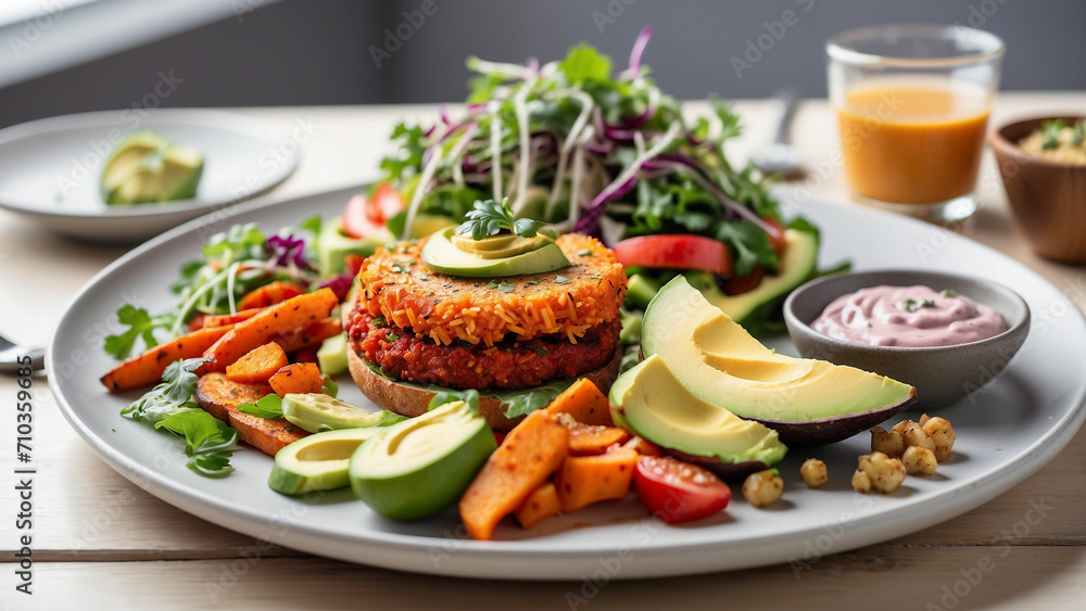 vegan cuisine with a diverse and colorful plate on a white wooden table in a restaurant include plant-based delights like vegan burgers, sweet potato fries, avocado salad vegan cuisine with a diverse and colorful plate on a white wooden table in a restaurant include plant-based delights like vegan burgers, sweet potato fries, avocado salad