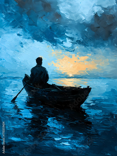 Long Beach Art Sketch With Clear Blue Background, A Painting Of A Man In A Boat