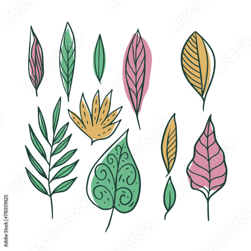 Hand drawn leaves doodle set. Colorful vector clipart. Icons of leaves of different trees.