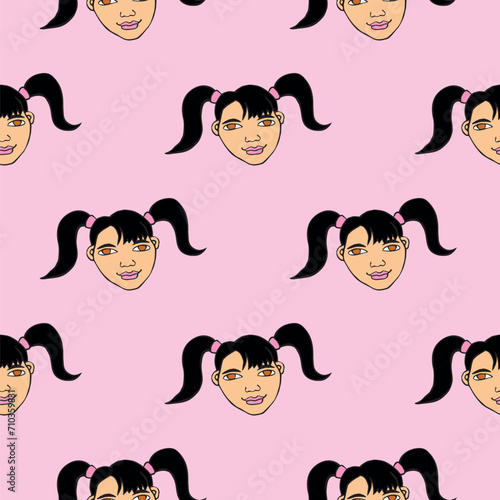 Vector seamless pattern with cartoon face girl or woman with two ponytails. Childish, girlish fun cute texture backdrop
