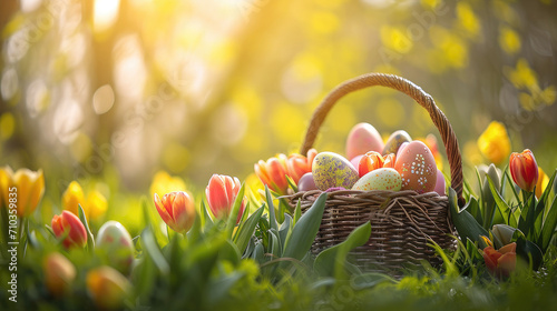 Colorful Easter eggs in a pastel basket with bokeh background of tulips under sunlight