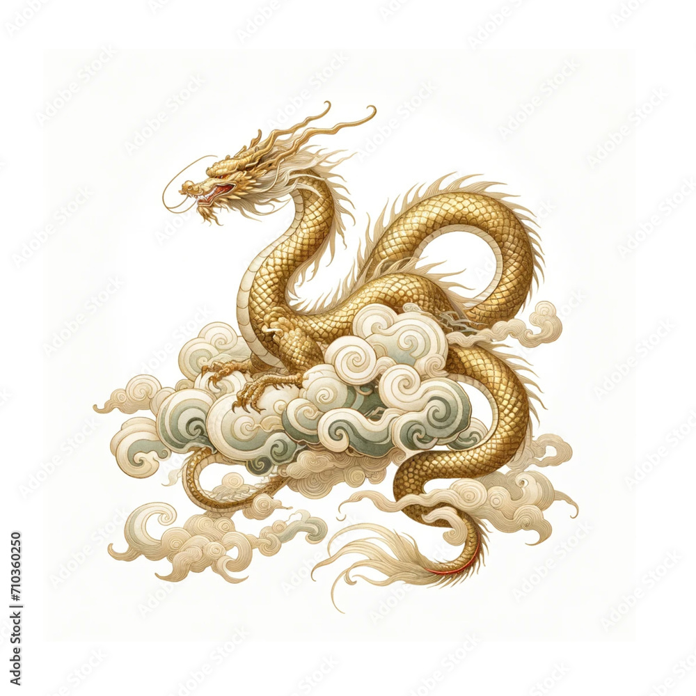watercolor illustrations of a mythical gold dragon on a cloud, designed in a traditional japanese style center isolated white background. watercolor illustrations of a mythical gold dragon on a cloud, designed in a traditional japanese style center isolated white background.
