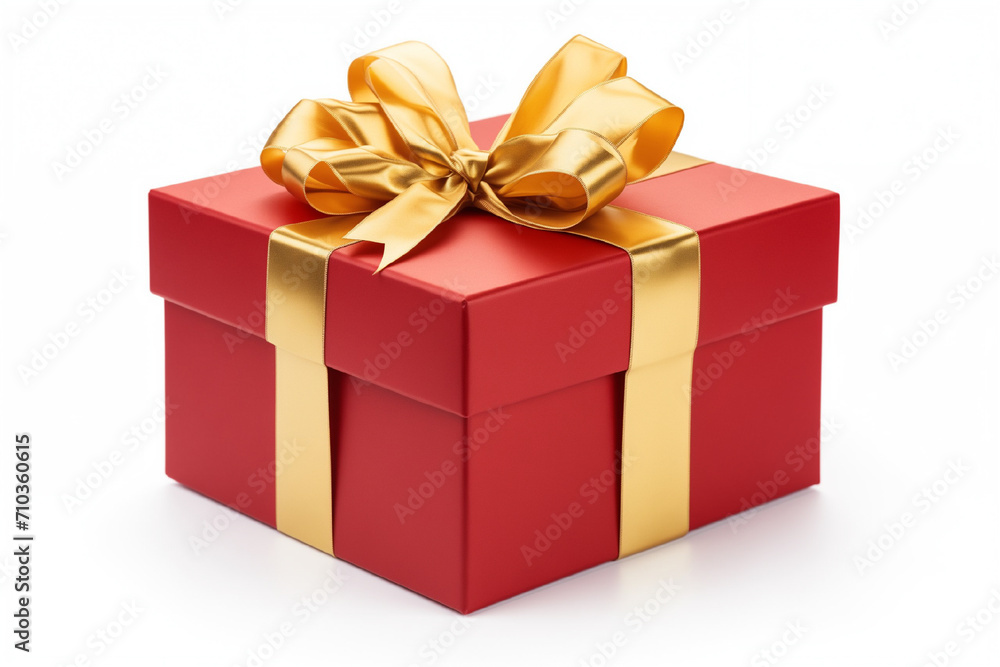 Fototapeta premium Red gift box with golden gift bow on white background