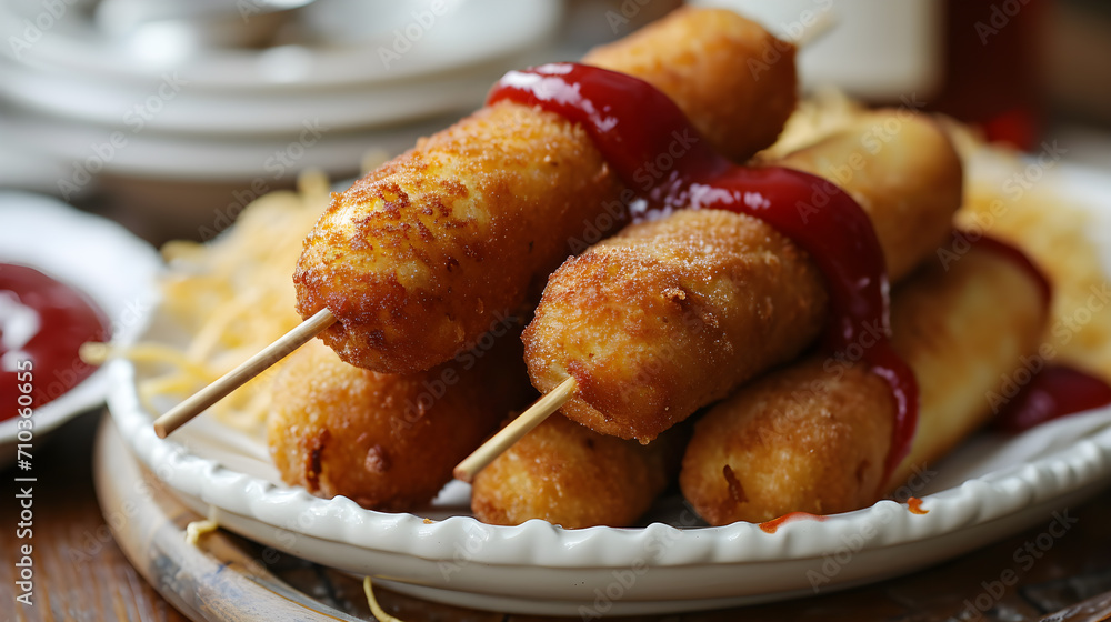 At the street cafe, a corndog is positioned on the plate on the table, representing a classic American junk food, especially celebrated on National CornDog Day. generative AI At the street cafe, a corndog is positioned on the plate on the table, representing a classic American junk food, especially celebrated on National CornDog Day. generative AI