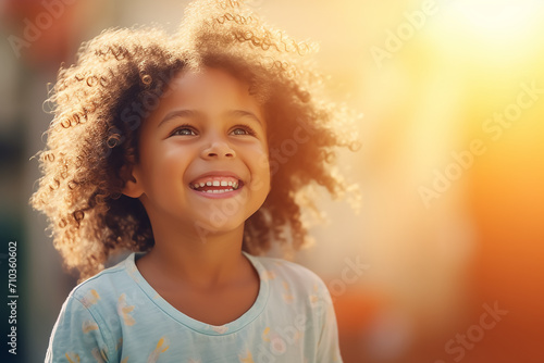 A happy smiling kid who is coloring on the book, lite blurry background, closeup view  photo