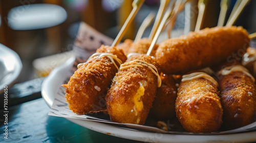 Traditional American junk food, the corndog, is displayed on a plate on the table at the street cafe, highlighting its significance on National CornDog Day. generative AI photo
