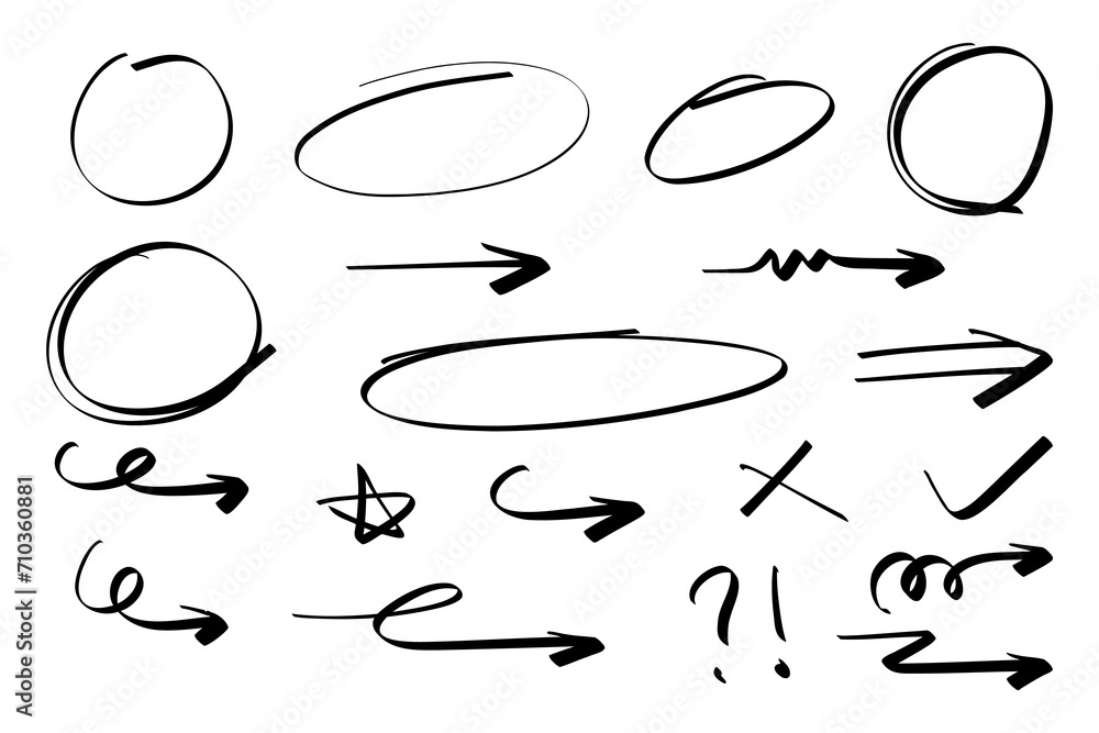 Hand drawn circle and arrow line for highlighting text. Rounds Bubbles Set doodle sketch symbols on a white background. vector illustration graphic design elements