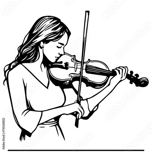 Woman Play Violin Line Drawing.