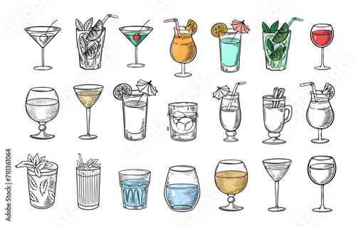 Big set collection of hand drawn different drinks and cocktails.