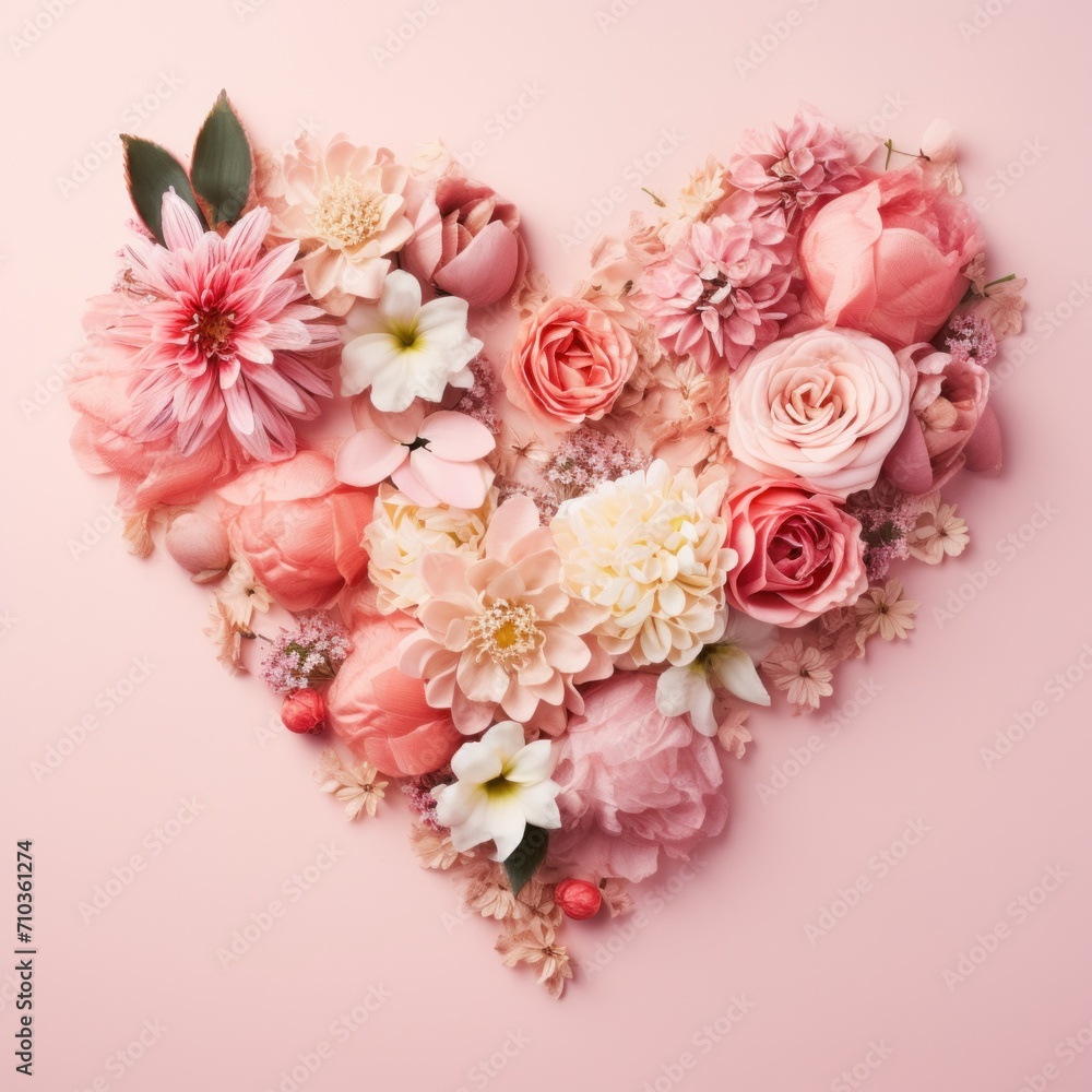 A combination of pastel pink flowers and heart-shaped green leaf petals on the background. Valentine's Day bride at wedding love greeting card